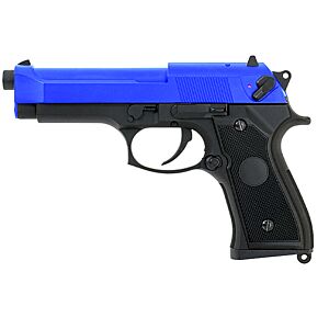 Cyma CM126 M92 AEP Pistol (electric sidearm) with open slide design, blue